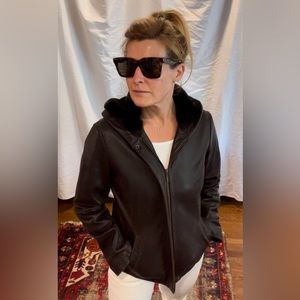 Ann Taylor XS Chocolate Brown leather jacket with faux fur hood.